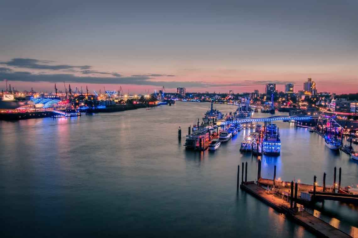 Light art project 'Blue Port Hamburg 2017' Harbour